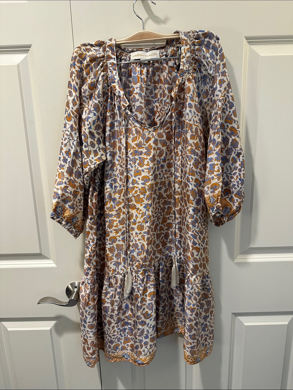 Natalie Martin White Tunic with Mustard and Blue Abstract Print
